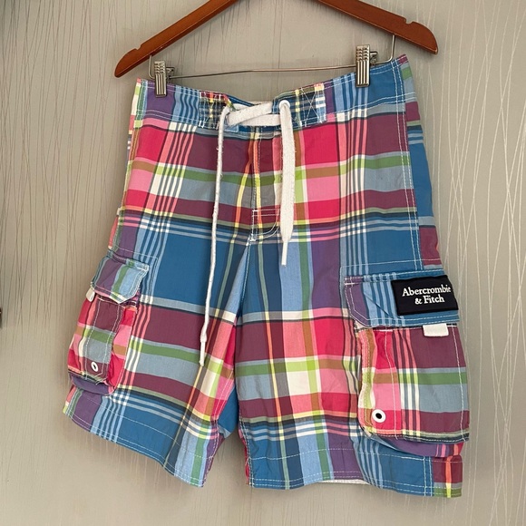 Abercrombie & Fitch Plaid Multicolor Board Swim Short Trunks Cargo Pockets - Picture 2 of 7